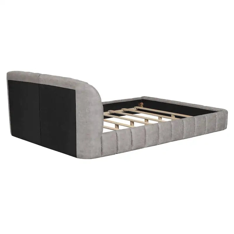 Lit plateforme Queen tapissé avec tête de lit en tissu, gris/beige