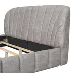 Lit plateforme Queen tapissé avec tête de lit en tissu, gris/beige