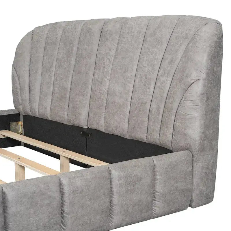Lit plateforme Queen tapissé avec tête de lit en tissu, gris/beige