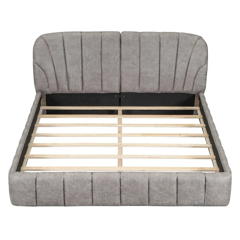 Lit plateforme Queen tapissé avec tête de lit en tissu, gris/beige