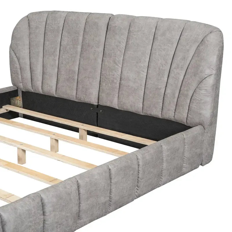 Lit plateforme Queen tapissé avec tête de lit en tissu, gris/beige