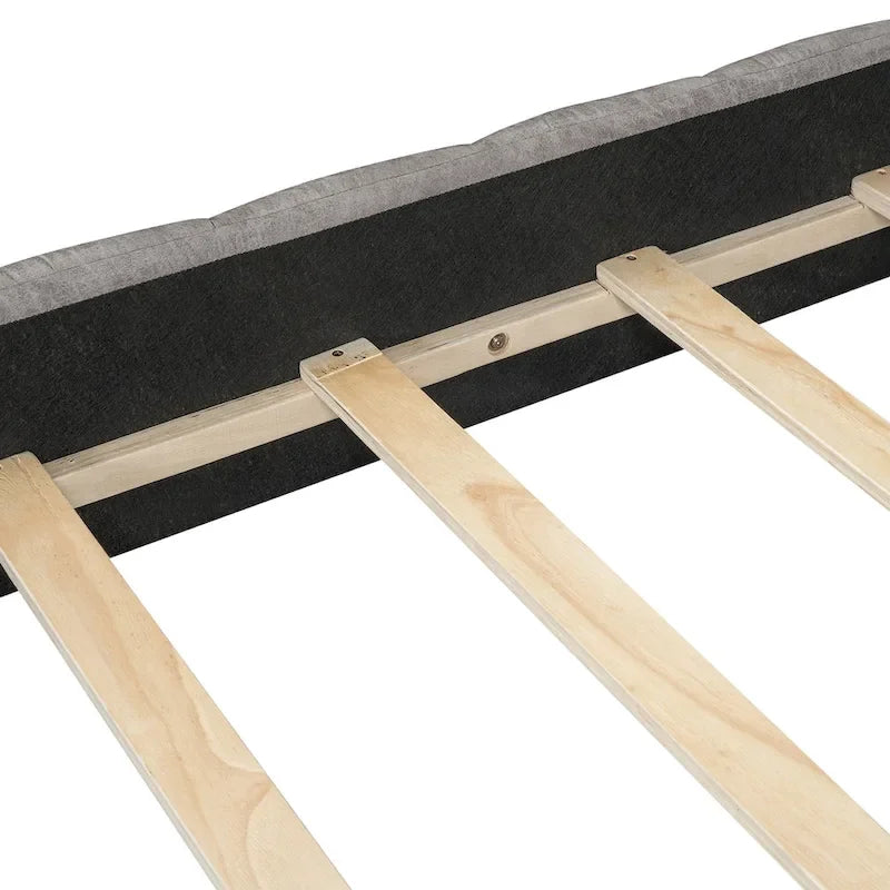 Lit plateforme Queen tapissé avec tête de lit en tissu, gris/beige