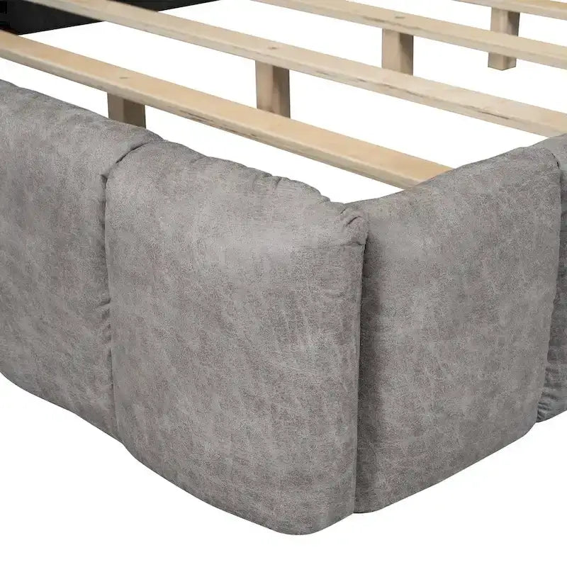 Lit plateforme Queen tapissé avec tête de lit en tissu, gris/beige