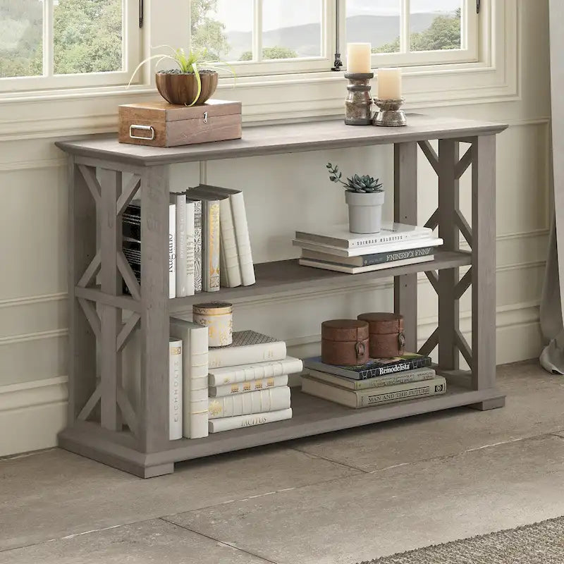 Console de ferme 47" avec étagères réglables et fixes, gris bois flotté / chêne blanc lin