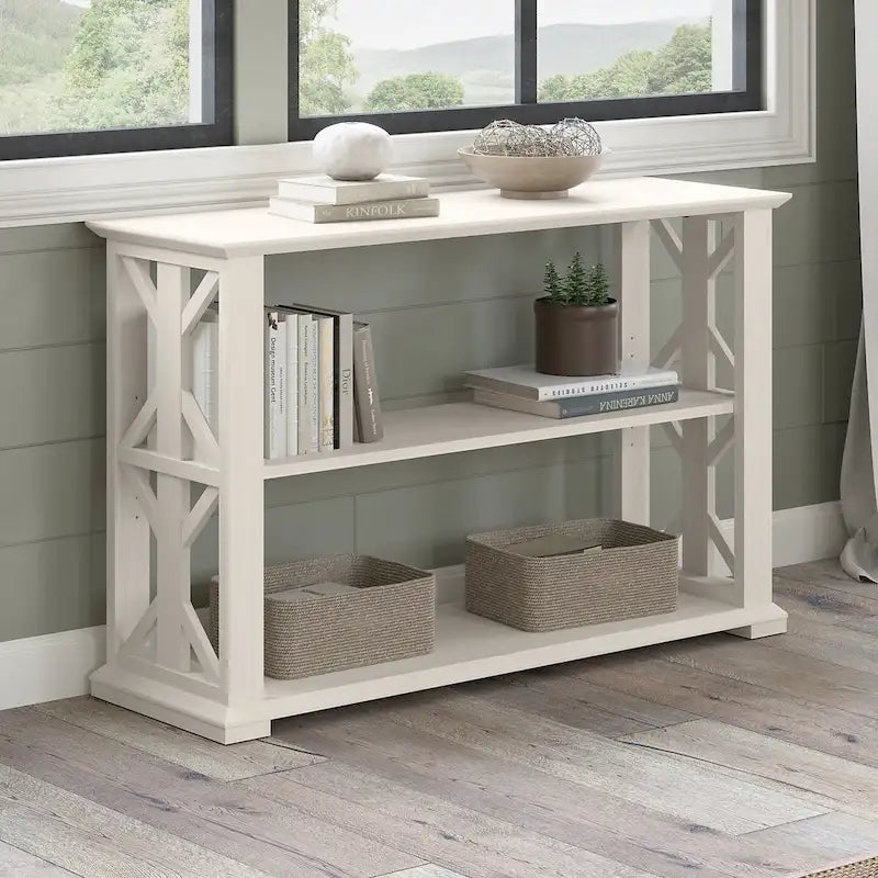 Console de ferme 47" avec étagères réglables et fixes, gris bois flotté / chêne blanc lin